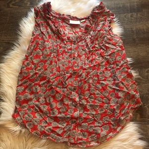 Maeve Anthropologie Red Floral Pleated Ruffle Tank